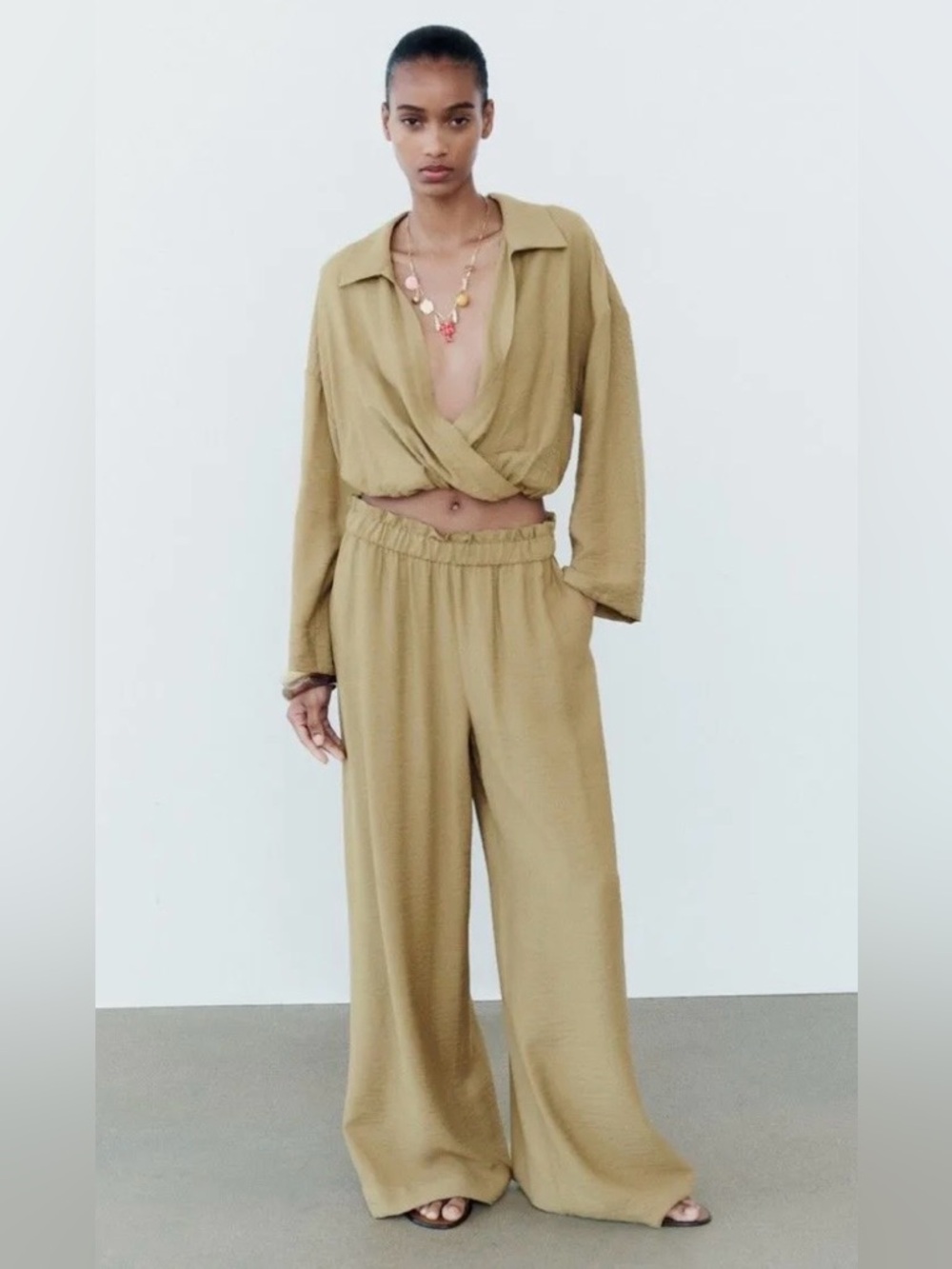 Wide-Leg Waist Pants & Elastic Hem Crop Top Set -Olive Tan -3564/097 & 3564/093
